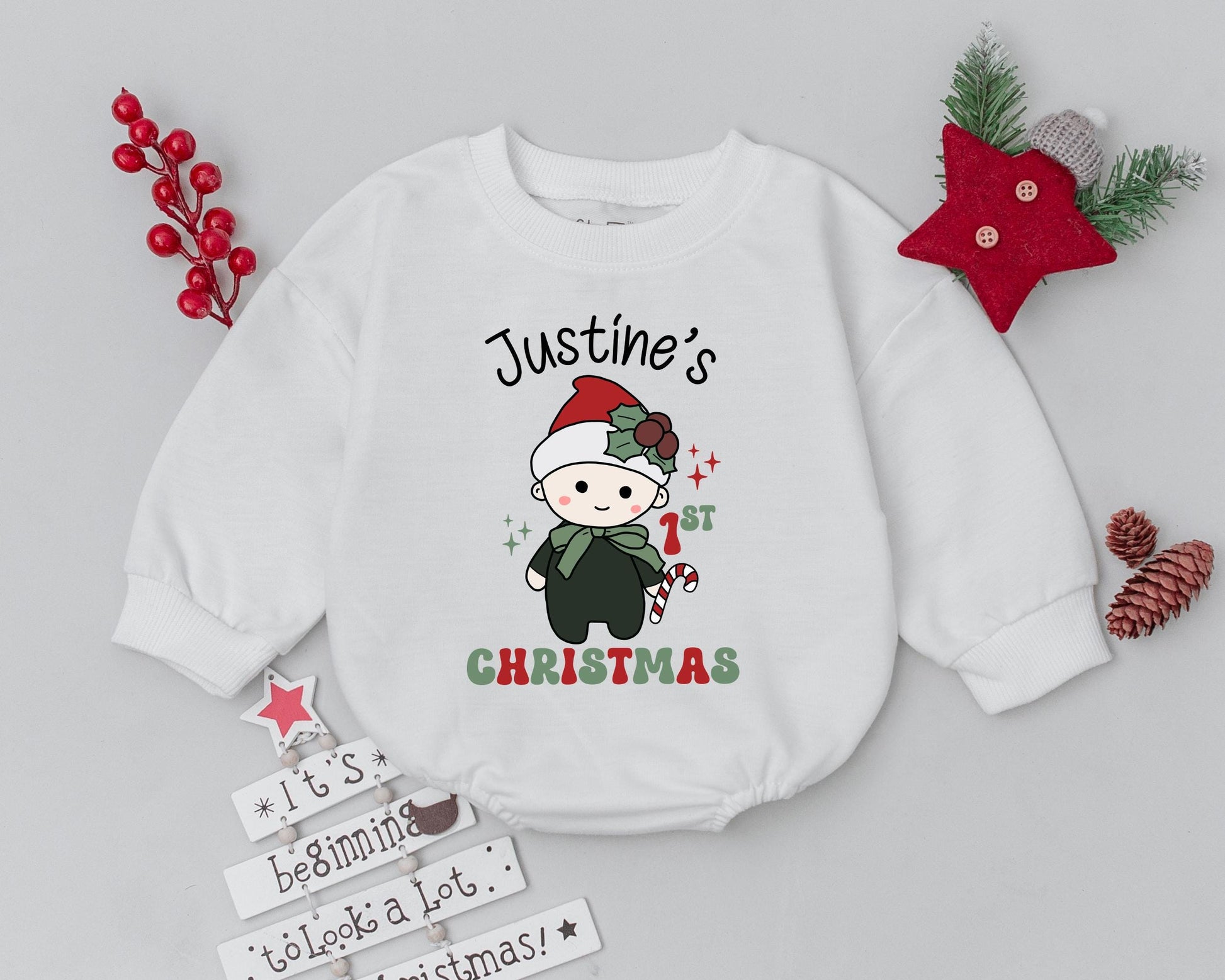 Personalized Name First Christmas Romper with Santa Hat Cartoon Child Sparkles Candy Cane Baby Bodysuit Retro Holiday Toddler Outfit