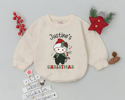 Personalized Name First Christmas Romper with Santa Hat Cartoon Child Sparkles Candy Cane Baby Bodysuit Retro Holiday Toddler Outfit