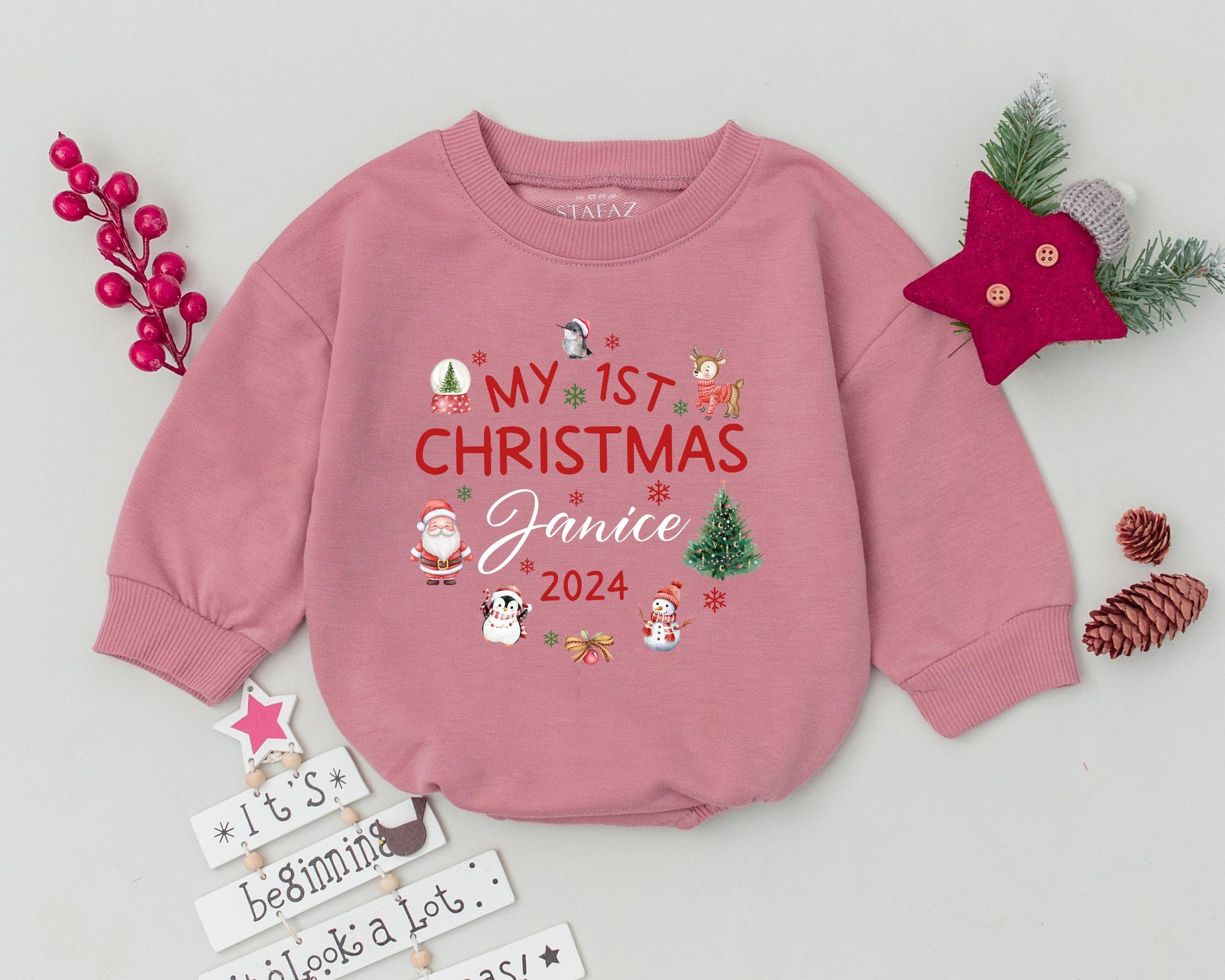 Personalized My First Christmas Janice 2024 Baby Romper Bodysuit Toddler Sweatshirt Girl Boy Outfit with Santa Snowman Reindeer Penguin Tree Design