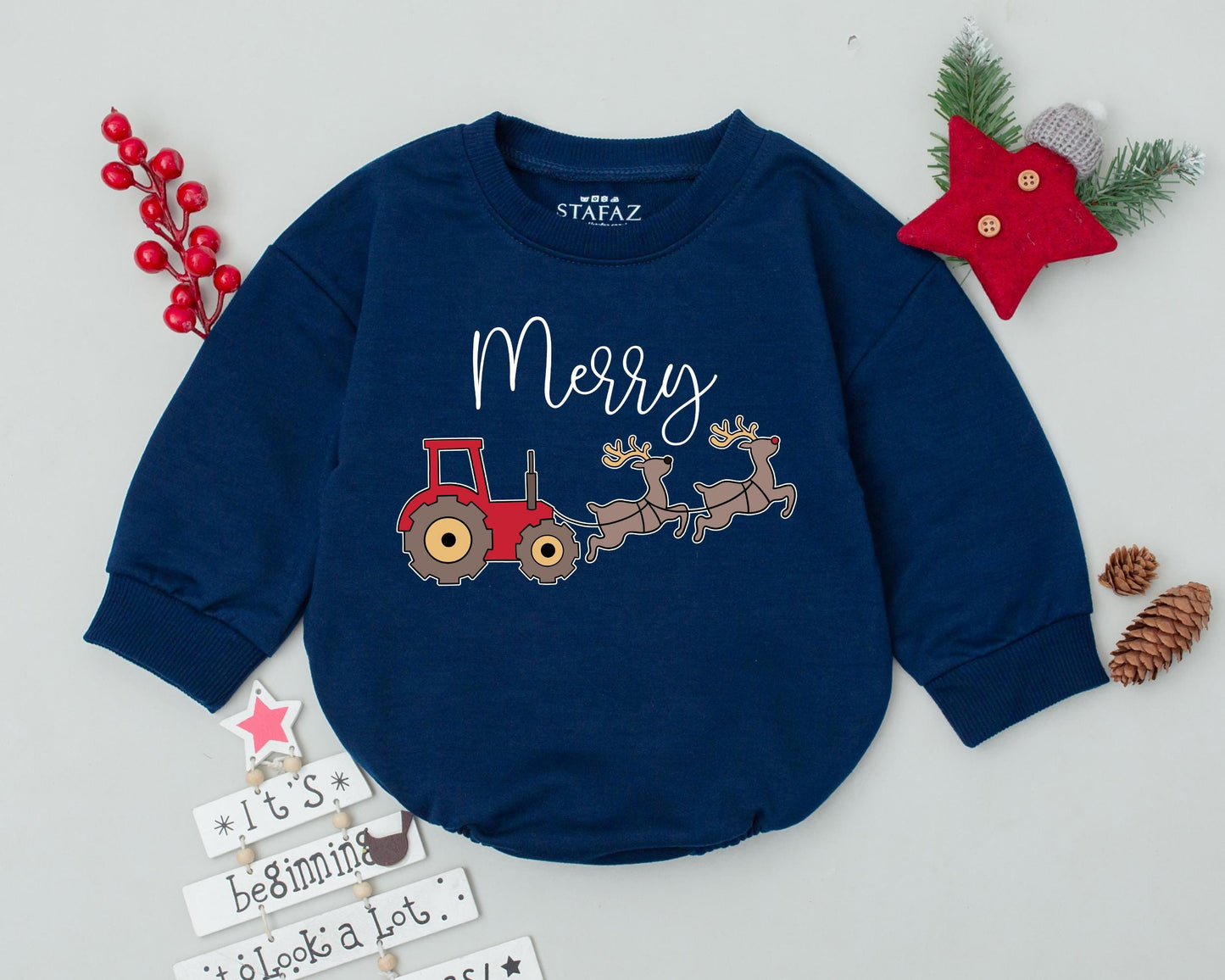 Whimsical Merry Christmas Tractor Reindeer Baby Romper Bodysuit, adorable infant outfit with red gray design, perfect First Christmas Baby Shower Gift