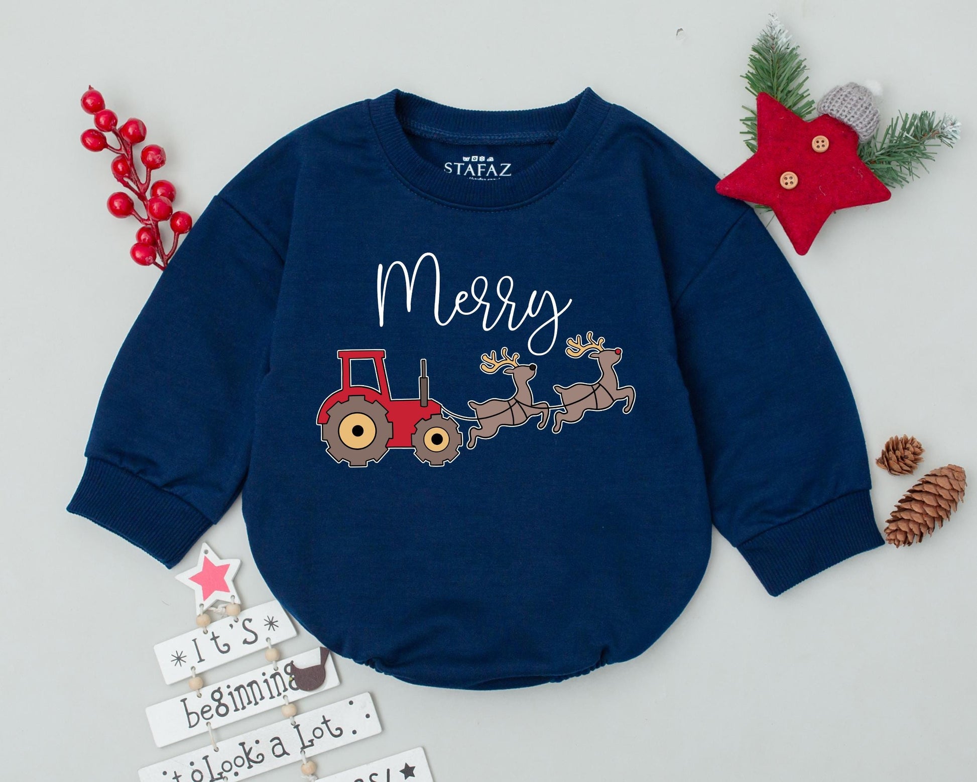 Whimsical Merry Christmas Tractor Reindeer Baby Romper Bodysuit, adorable infant outfit with red gray design, perfect First Christmas Baby Shower Gift