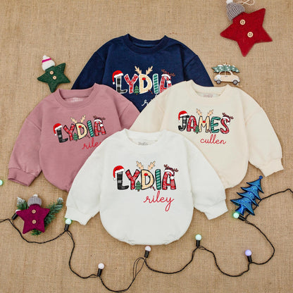 Custom Name Christmas Bodysuit Festive Holiday Print, Santa Hat Antlers Plaid Snowflakes Baby Romper Outfit, First Christmas Baby Shower Gift Clothes