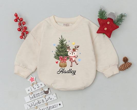 Personalized My First Christmas Baby Bodysuit Cute Deer Outfit featuring whimsical holiday graphics, soft infant romper, baby girl boy clothes, special name keepsake gift.