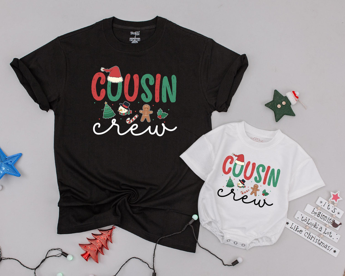 Matching Cousin Crew Christmas Shirts Personalized Family Holiday Outfit Baby Toddler Kids First Christmas Festive Red Green Santa Hat Design