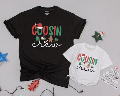 Matching Cousin Crew Christmas Shirts Personalized Family Holiday Outfit Baby Toddler Kids First Christmas Festive Red Green Santa Hat Design