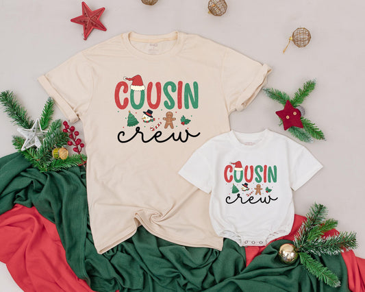 Matching Cousin Crew Christmas Shirts Personalized Family Holiday Outfit Baby Toddler Kids First Christmas Festive Red Green Santa Hat Design