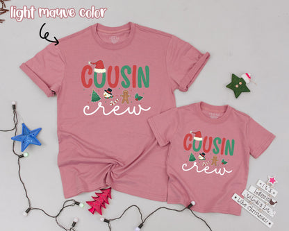 Matching Cousin Crew Christmas Shirts Personalized Family Holiday Outfit Baby Toddler Kids First Christmas Festive Red Green Santa Hat Design