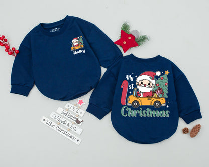 Personalized My 1st Christmas Baby Bubble Romper Cute Santa Car Design with Festive Tree Gifts Newborn Outfit Retro Holiday Bodysuit