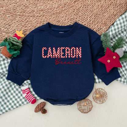 Personalized Cameron Christmas Romper: Gingham Name Bodysuit, First Christmas Outfit,  Bennett Cursive Font, Winter Baby Clothes, Boy Holiday Gift 135
