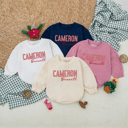 Personalized Cameron Christmas Romper: Gingham Name Bodysuit, First Christmas Outfit,  Bennett Cursive Font, Winter Baby Clothes, Boy Holiday Gift 135