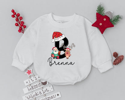 Personalized My First Christmas Baby Romper with Cute Santa & Reindeer Design festive initial B hat lights toddler infant bodysuit outfit