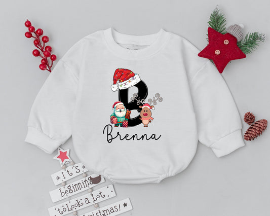 Personalized My First Christmas Baby Romper with Cute Santa & Reindeer Design festive initial B hat lights toddler infant bodysuit outfit