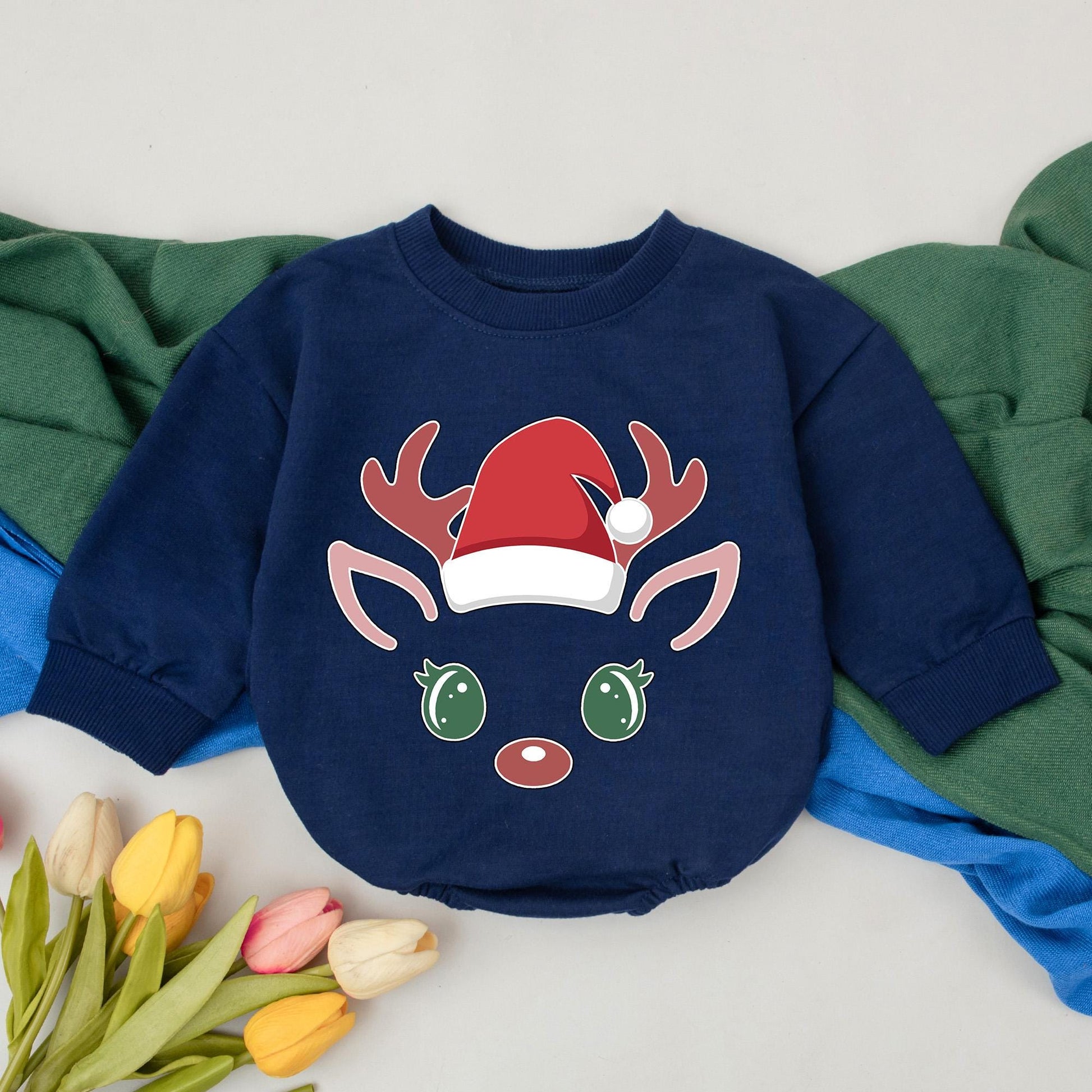 Adorable Reindeer Christmas Bubble Romper for Baby's First Holiday Festive Outfit with Cute Santa Hat Red Nose & Green Eyes Newborn Gift