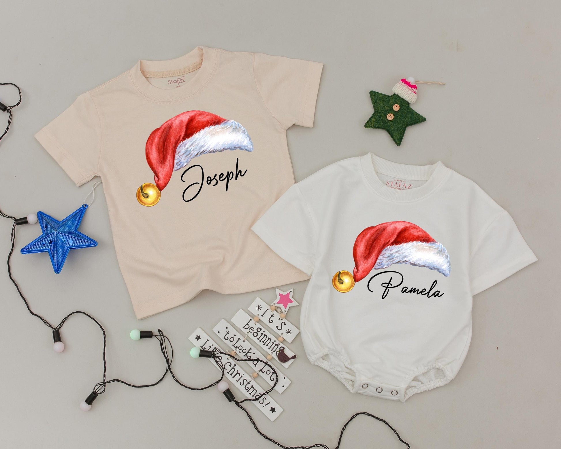 Matching Family Christmas Shirts with Personalized Name Santa Hat Design Red White Gold Jingle Bell Holiday Tee for Mom Dad Kids Baby