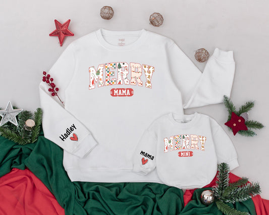 Personalized Mama Mini Christmas Sweatshirts Retro Merry Mom Daughter Matching Holiday Sweaters with Festive Imagery and Name on Sleeve