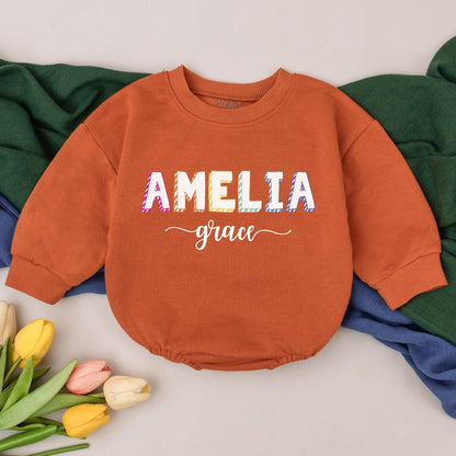 Personalized Pastel Name Baby Girl Romper Long Sleeve Bodysuit Coming Home Outfit Newborn Infant Playful Modern First Birthday Gift Amelia Grace