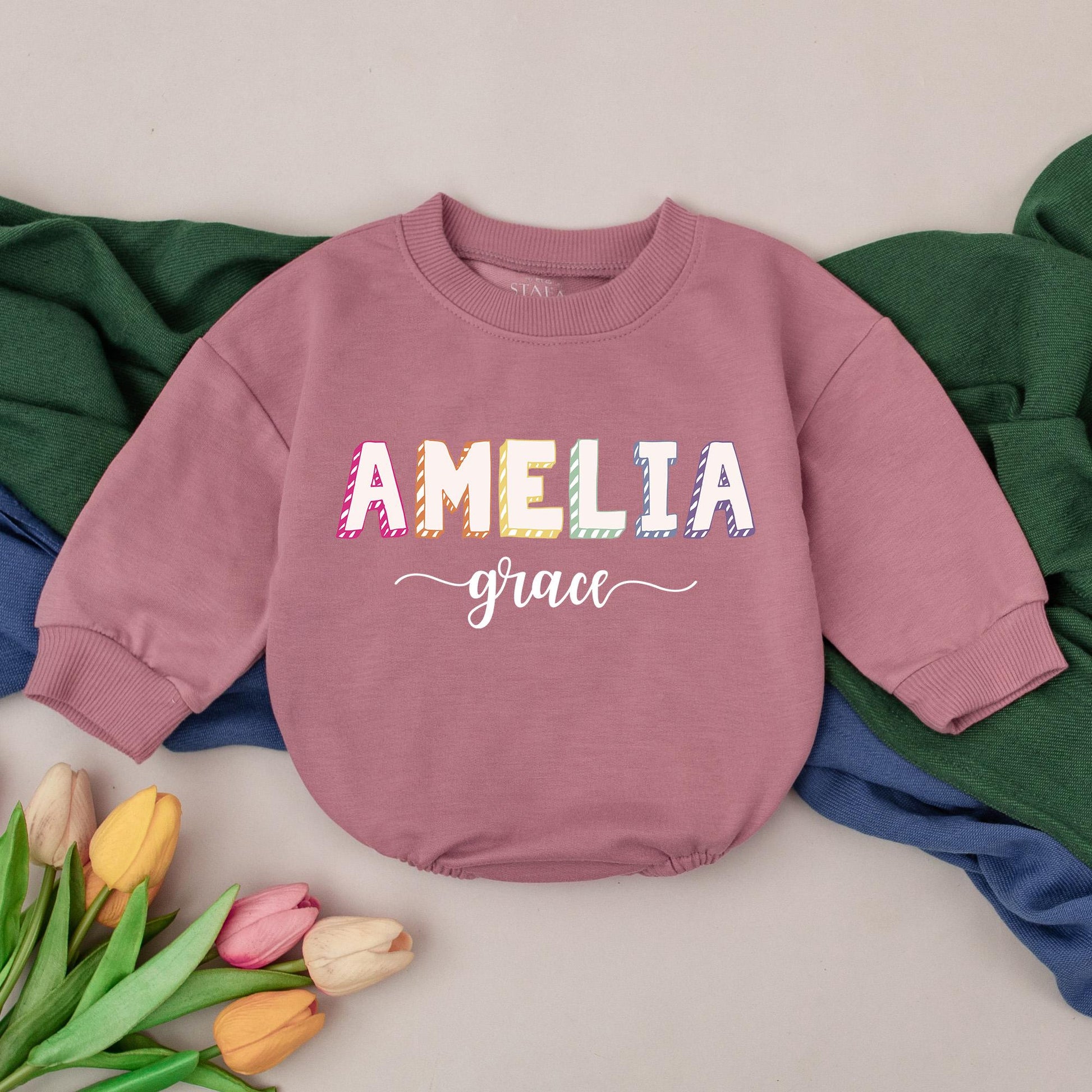 Personalized Pastel Name Baby Girl Romper Long Sleeve Bodysuit Coming Home Outfit Newborn Infant Playful Modern First Birthday Gift Amelia Grace
