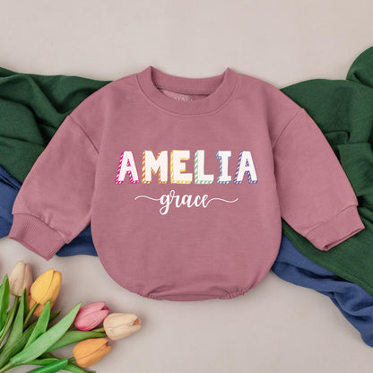 Personalized Pastel Name Baby Girl Romper Long Sleeve Bodysuit Coming Home Outfit Newborn Infant Playful Modern First Birthday Gift Amelia Grace