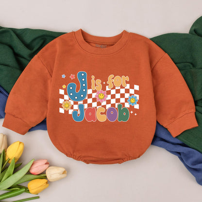 Personalized Retro Is For Name Romper Baby Birthday Gift Colorful 70s Bubble Letter Checkered Star Flower Infant Outfit