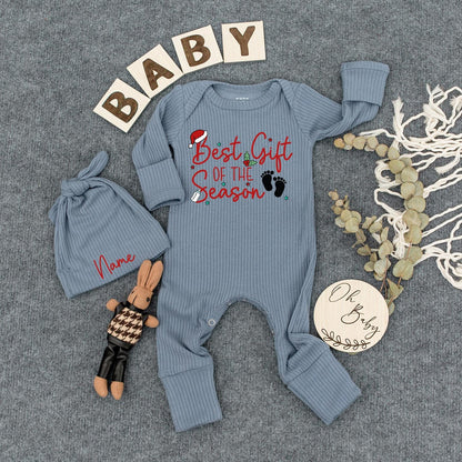 Custom Best Gift of the Season Baby Bodysuit Hat Christmas Newborn Outfit Red Green Footprints Santa Hat Christmas Tree Design Baby Shower Gift