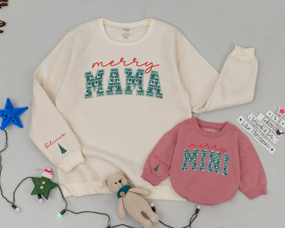Personalized Mommy and Me Merry Mama Mini Christmas Sweatshirts with Retro Green Snowflake Tree Reindeer Design Matching Family Gifts