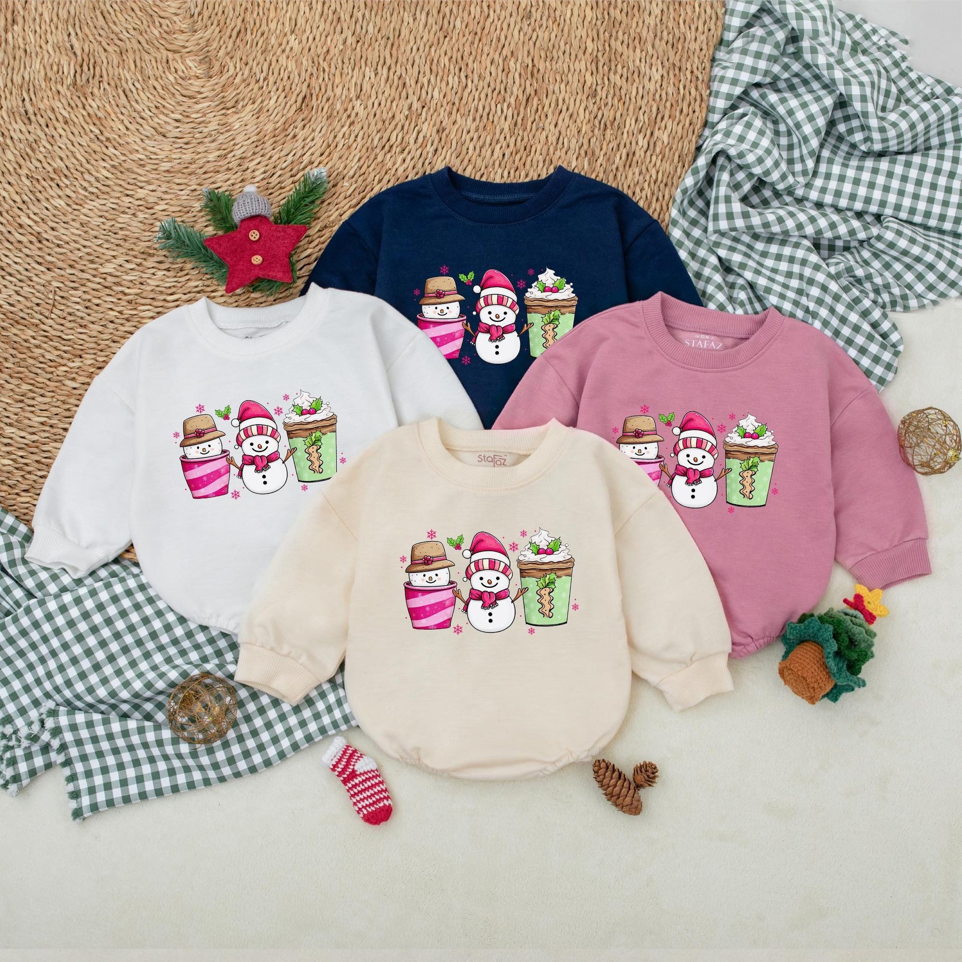 Festive Snowman Coffee Baby Romper, Whimsical Pink Snowflake Christmas Bodysuit, Holiday Outfit, Winter Baby Clothes, Shower Gift, Comfy Bubble Romper