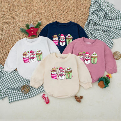 Festive Snowman Coffee Baby Romper, Whimsical Pink Snowflake Christmas Bodysuit, Holiday Outfit, Winter Baby Clothes, Shower Gift, Comfy Bubble Romper
