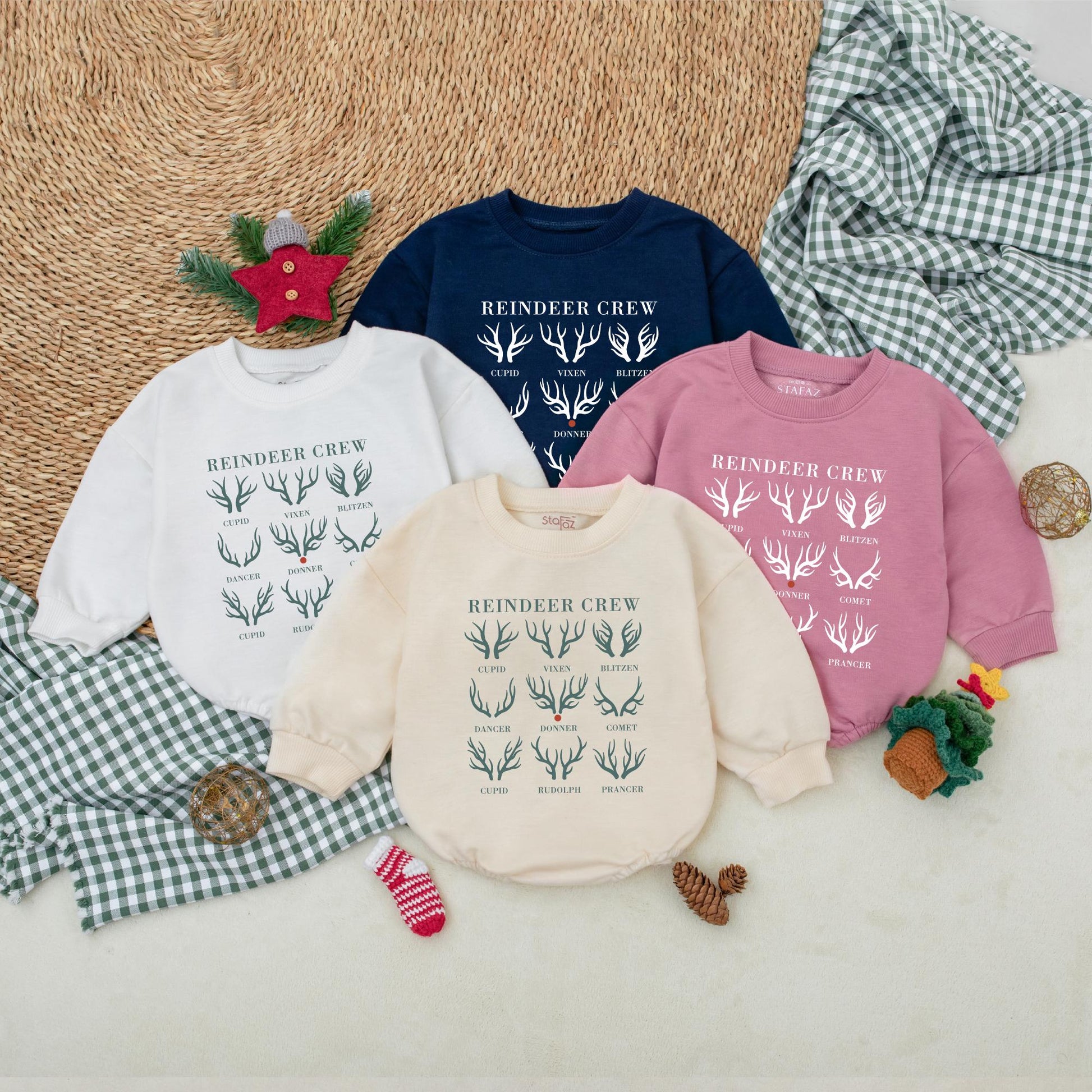 Reindeer Crew Romper: Vintage Christmas Baby Bodysuit, Blitzen & Cupid Holiday Outfit, Cute First Christmas Winter Clothes, Soft Cotton Gift 137