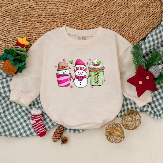 Festive Snowman Coffee Baby Romper, Whimsical Pink Snowflake Christmas Bodysuit, Holiday Outfit, Winter Baby Clothes, Shower Gift, Comfy Bubble Romper