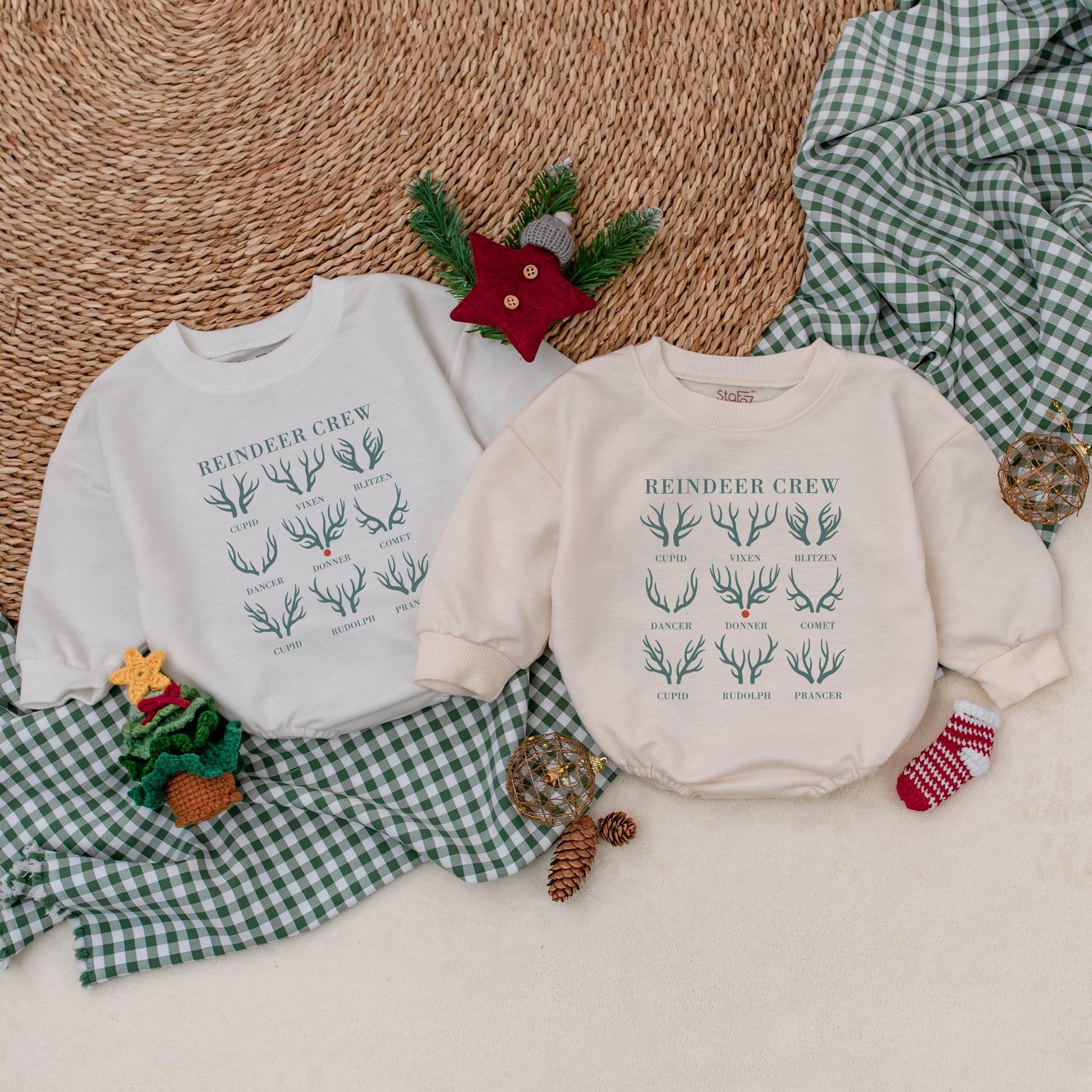 Reindeer Crew Romper: Vintage Christmas Baby Bodysuit, Blitzen & Cupid Holiday Outfit, Cute First Christmas Winter Clothes, Soft Cotton Gift 137