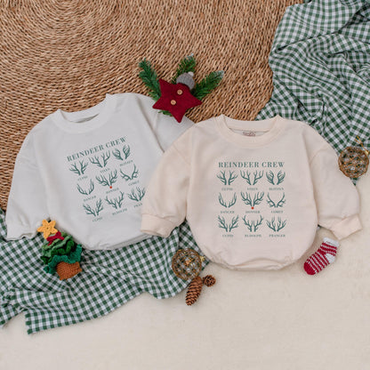 Reindeer Crew Romper: Vintage Christmas Baby Bodysuit, Blitzen & Cupid Holiday Outfit, Cute First Christmas Winter Clothes, Soft Cotton Gift 137