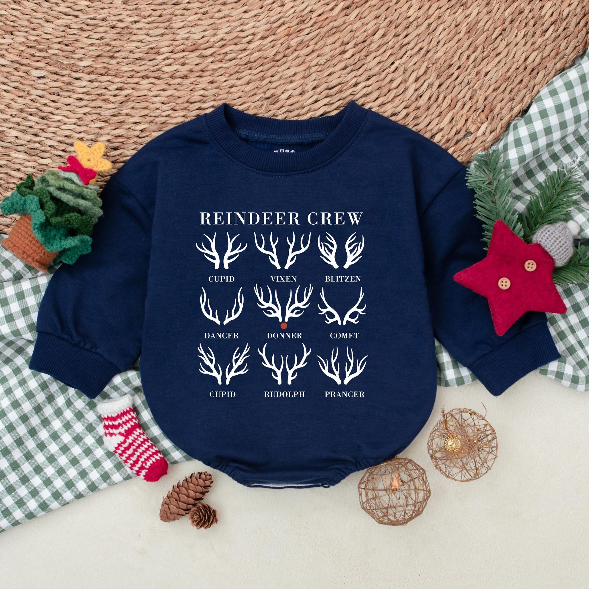 Reindeer Crew Romper: Vintage Christmas Baby Bodysuit, Blitzen & Cupid Holiday Outfit, Cute First Christmas Winter Clothes, Soft Cotton Gift 137