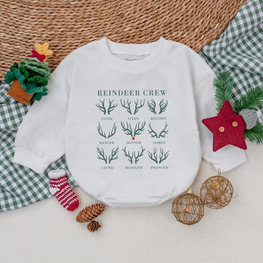 Reindeer Crew Romper: Vintage Christmas Baby Bodysuit, Blitzen & Cupid Holiday Outfit, Cute First Christmas Winter Clothes, Soft Cotton Gift 137