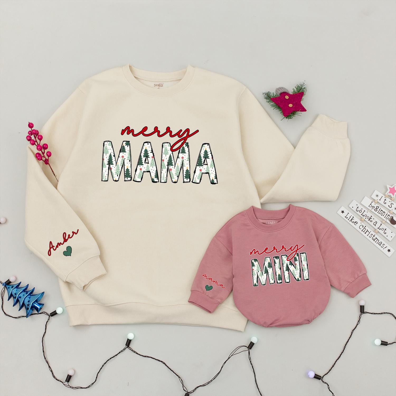 Merry Mama & Mini Matching Christmas Sweatshirts, Cute Family Holiday Outfits, Red Script Name, Green Tree Pattern, Baby Girl Romper Gift, Trendy Xmas (138)