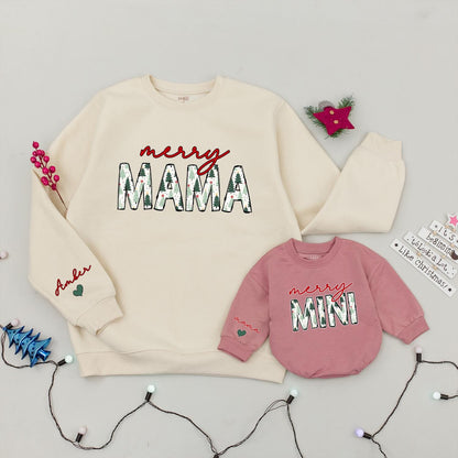 Merry Mama & Mini Matching Christmas Sweatshirts, Cute Family Holiday Outfits, Red Script Name, Green Tree Pattern, Baby Girl Romper Gift, Trendy Xmas (138)