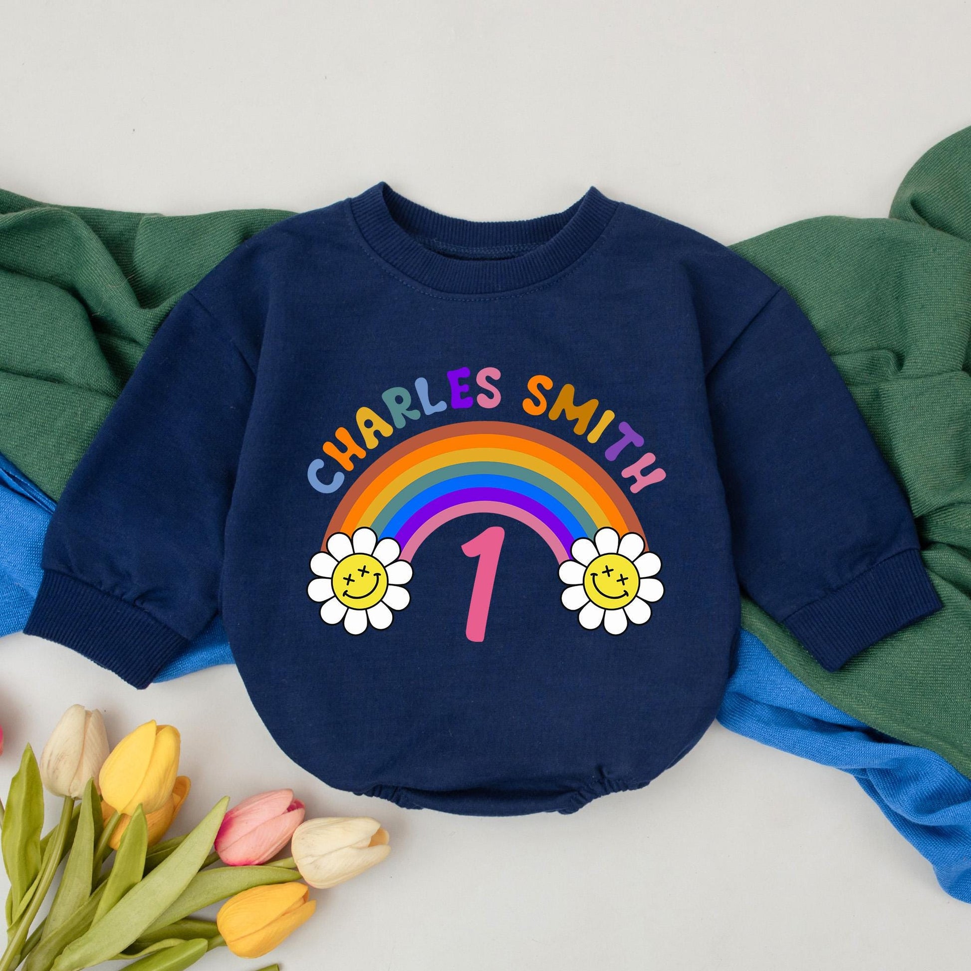 Personalized First Birthday Baby Girl Romper with Rainbow Daisy Design Name Retro Colorful Playful Infant Bodysuit Comfortable Shower Gift