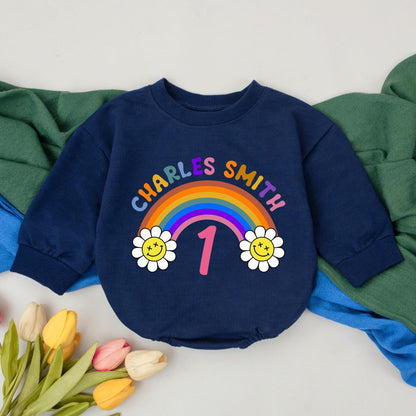 Personalized First Birthday Baby Girl Romper with Rainbow Daisy Design Name Retro Colorful Playful Infant Bodysuit Comfortable Shower Gift