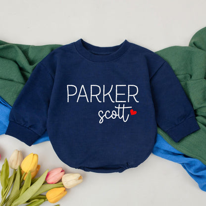 Personalized Parker Scott Name Romper Long Sleeve Bodysuit Minimalist Cursive Red Heart Baby Shower Newborn Girl Coming Home Outfit First Birthday Gift