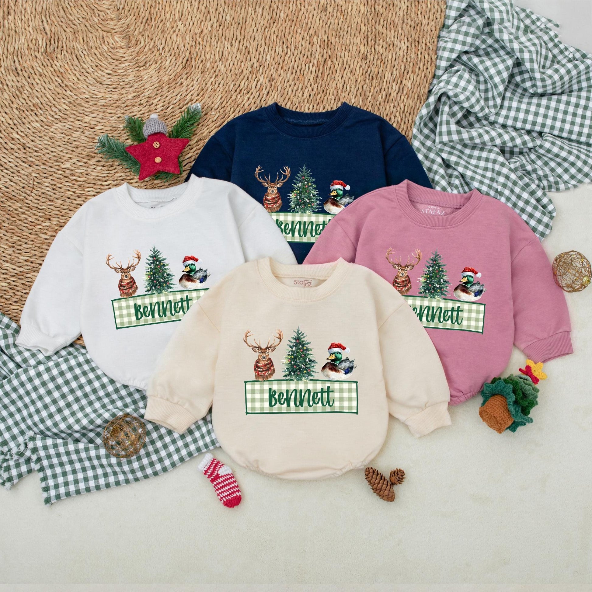 Personalized Christmas Mallard Duck Baby Boy Romper Rustic Winter Outfit with Deer Christmas Tree Festive Holiday Bodysuit Green Gingham