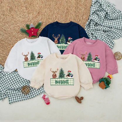 Personalized Christmas Mallard Duck Baby Boy Romper Rustic Winter Outfit with Deer Christmas Tree Festive Holiday Bodysuit Green Gingham