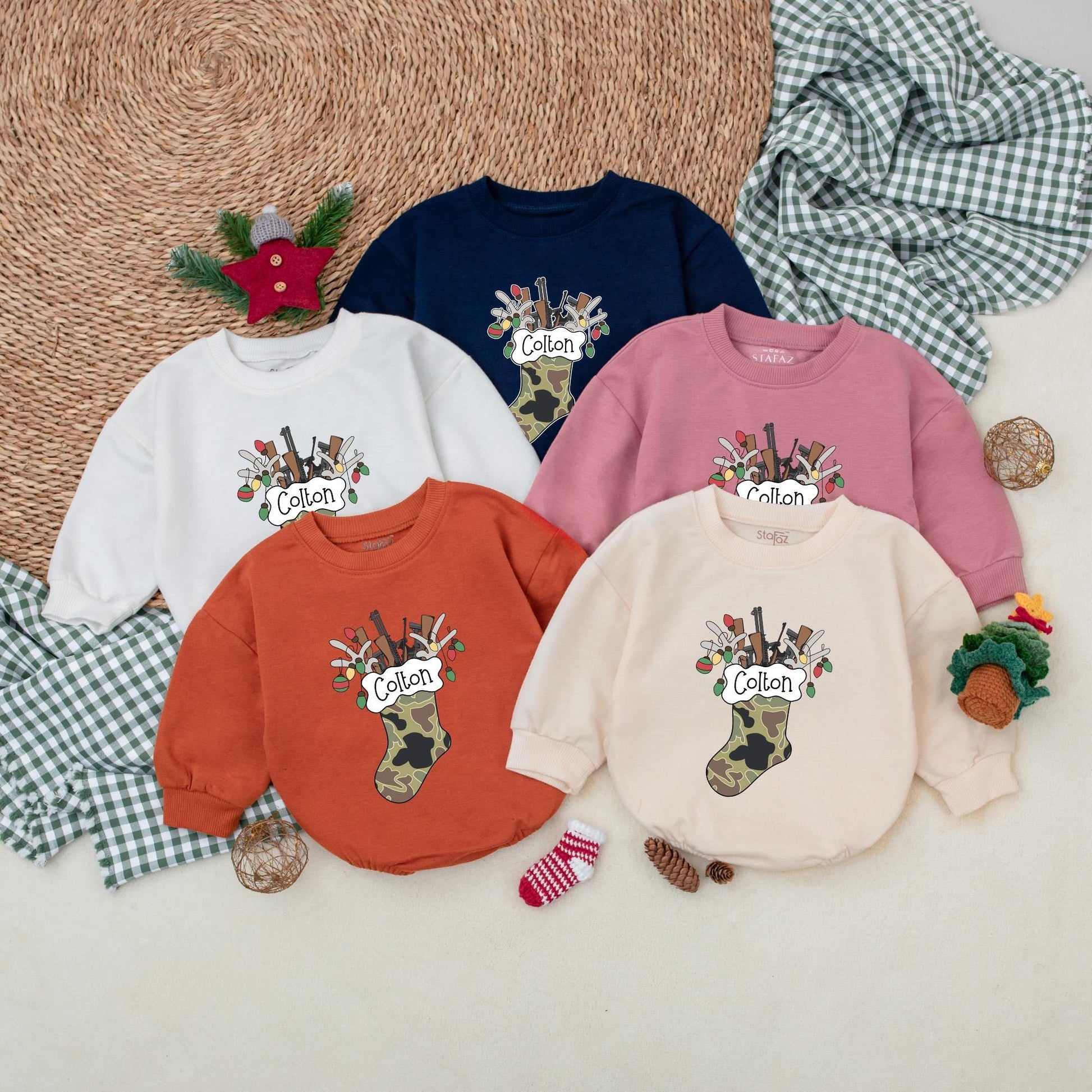 Personalized Camo Christmas Stocking Baby Boy Romper Hunting Rifles Bodysuit Winter Holiday Outfit First Christmas Lights Gift