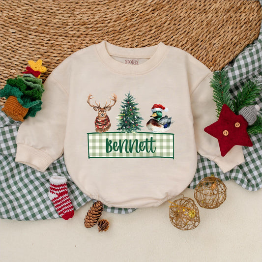 Personalized Christmas Mallard Duck Baby Boy Romper Rustic Winter Outfit with Deer Christmas Tree Festive Holiday Bodysuit Green Gingham