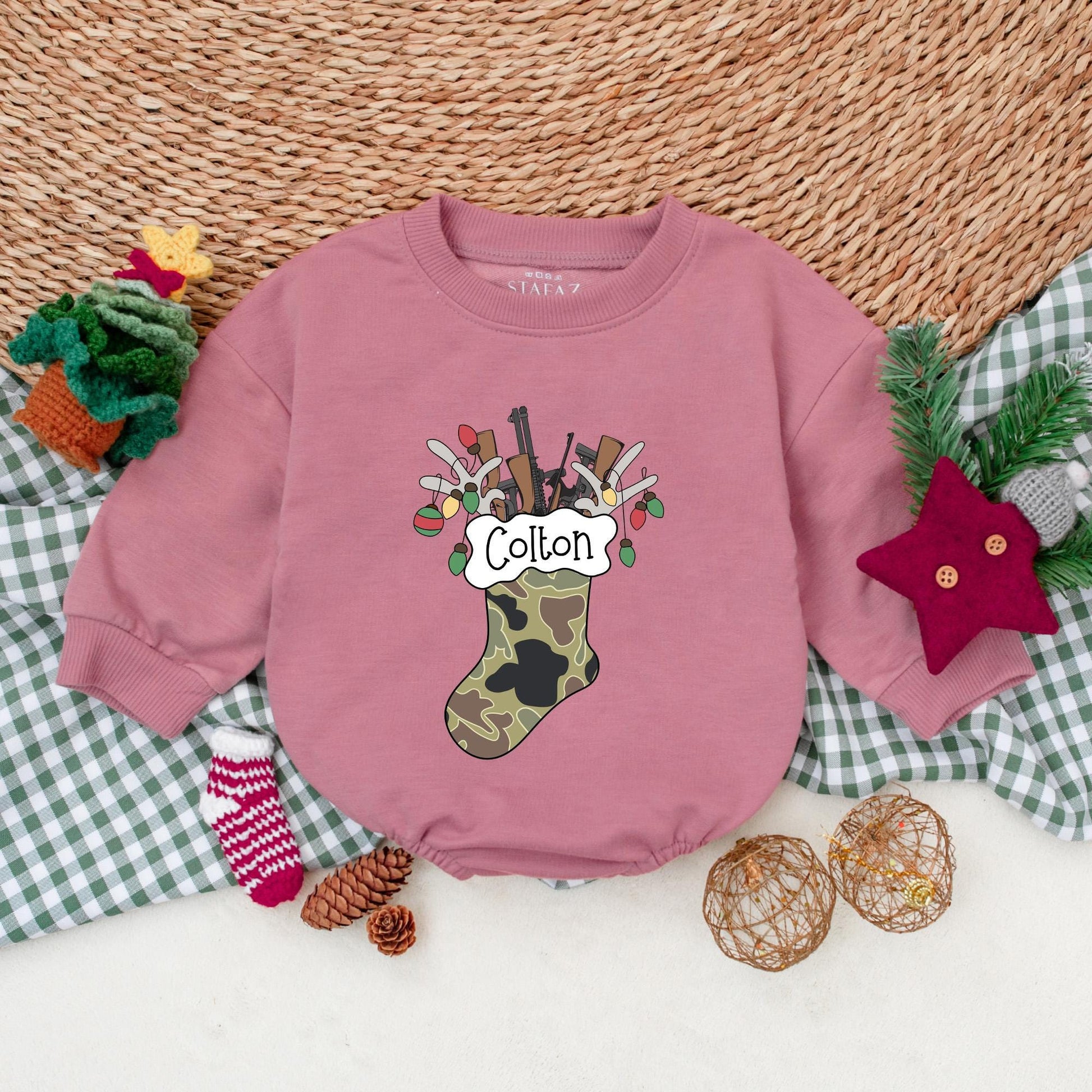 Personalized Camo Christmas Stocking Baby Boy Romper Hunting Rifles Bodysuit Winter Holiday Outfit First Christmas Lights Gift