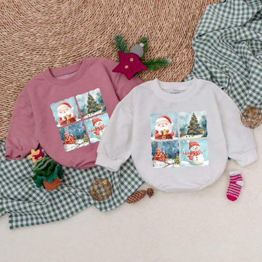 Vintage Holiday Watercolor Baby Romper, Christmas Tree Santa Snowman Outfit, My First Christmas Bodysuit, Newborn Gift, Festive Sweatshirt Romper (137 chars)