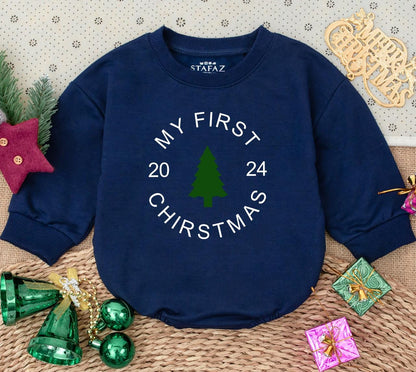 My First Christmas 2024 Baby Romper Sweatshirt Newborn Winter Holiday Outfit Green Tree Design Infant Bodysuit Simple Modern Gift