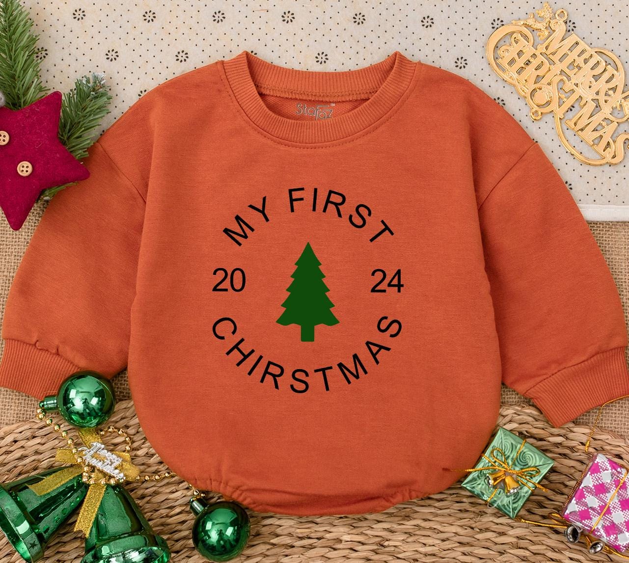My First Christmas 2024 Baby Romper Sweatshirt Newborn Winter Holiday Outfit Green Tree Design Infant Bodysuit Simple Modern Gift