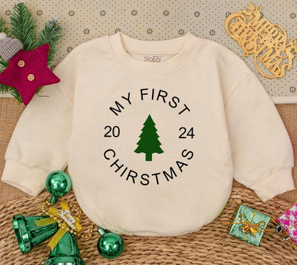 My First Christmas 2024 Baby Romper Sweatshirt Newborn Winter Holiday Outfit Green Tree Design Infant Bodysuit Simple Modern Gift