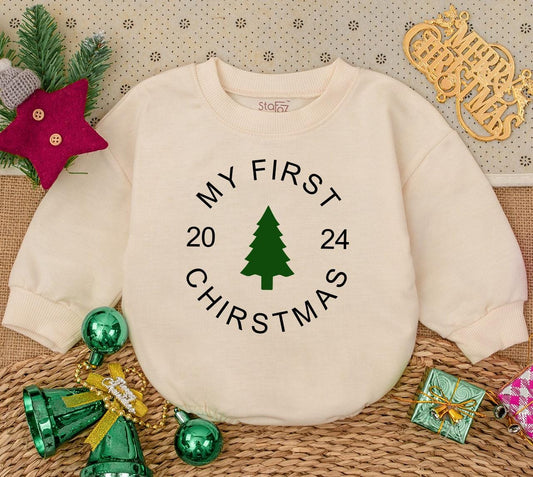My First Christmas 2024 Baby Romper Sweatshirt Newborn Winter Holiday Outfit Green Tree Design Infant Bodysuit Simple Modern Gift