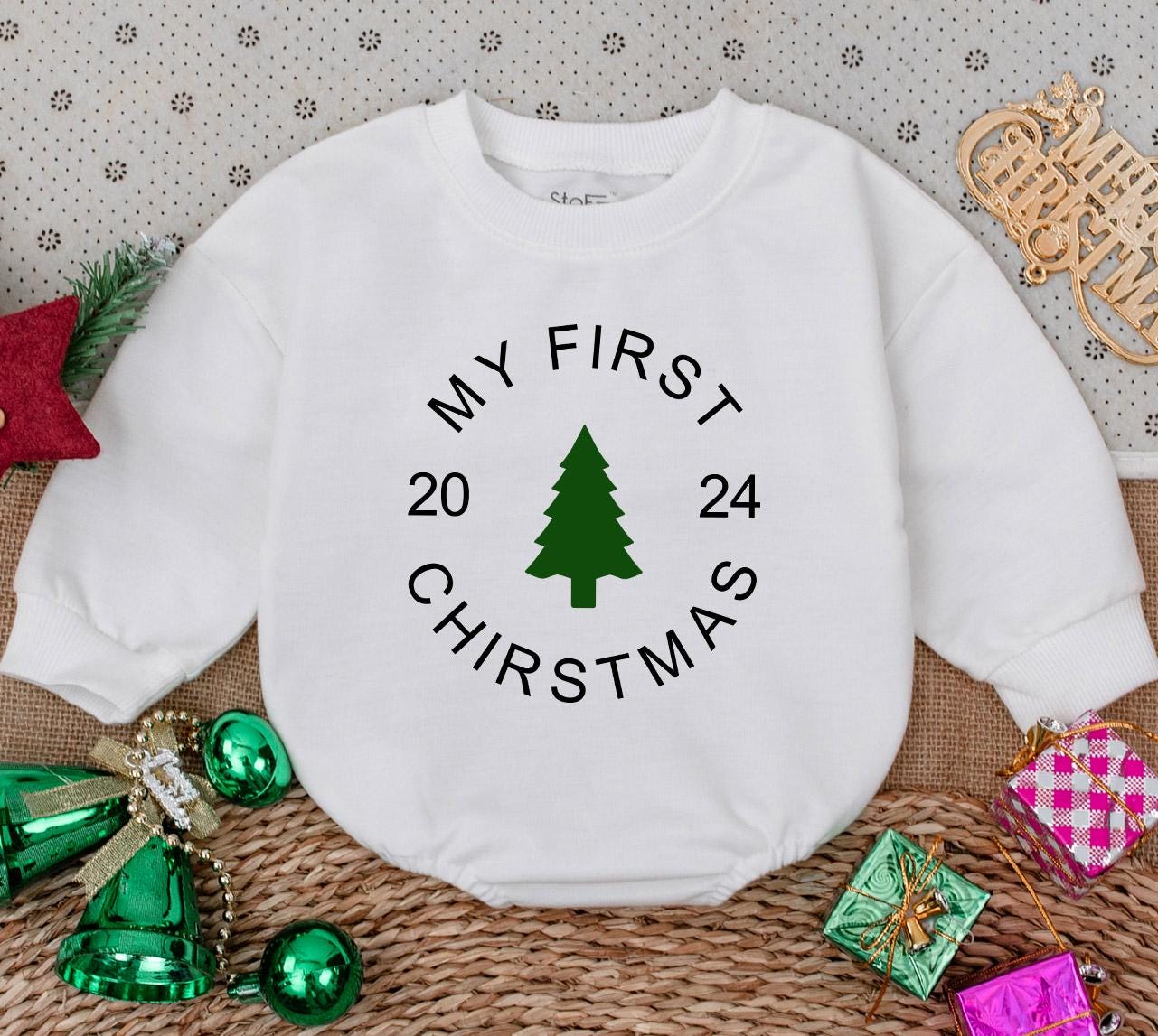 My First Christmas 2024 Baby Romper Sweatshirt Newborn Winter Holiday Outfit Green Tree Design Infant Bodysuit Simple Modern Gift