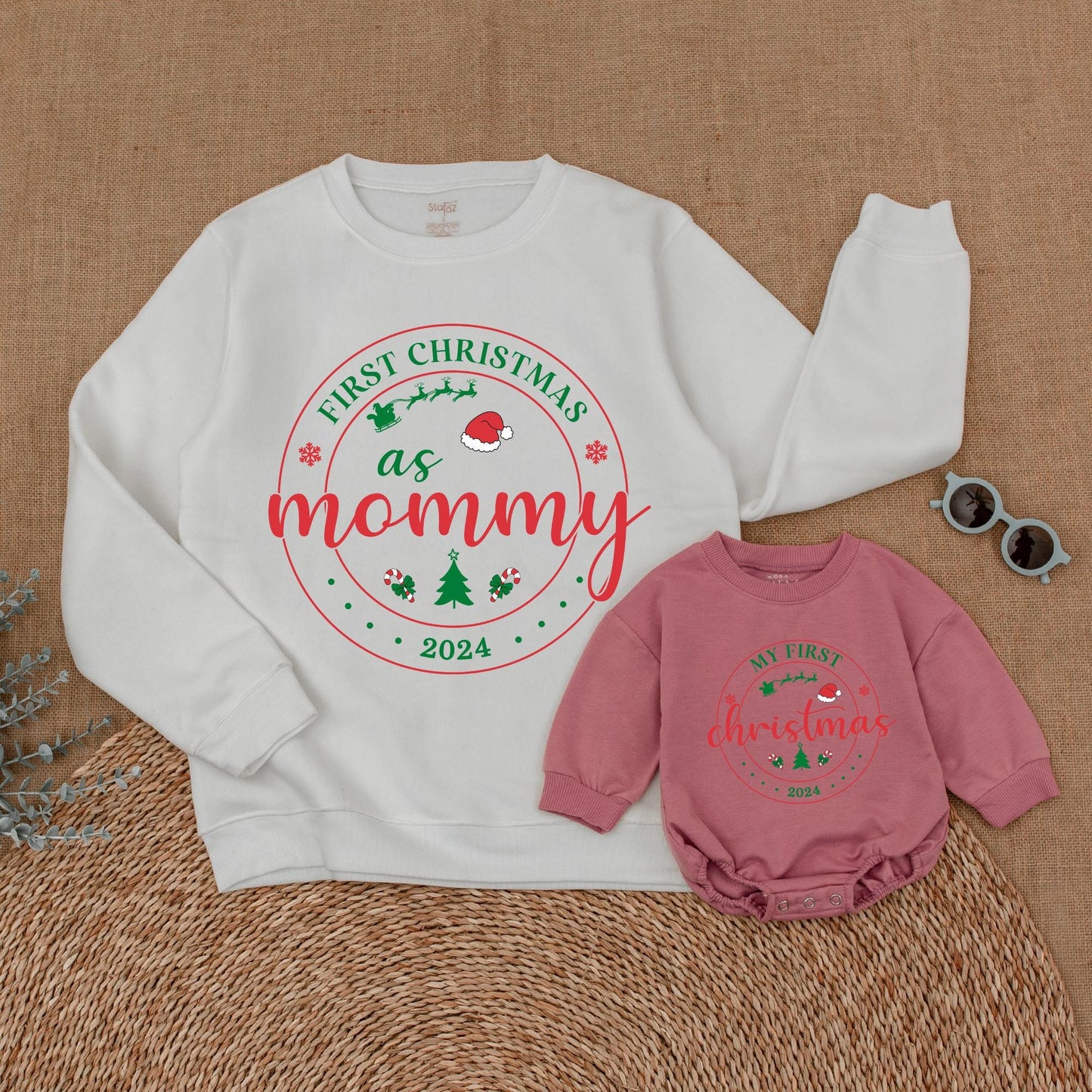 Personalized First Christmas Family Matching Sweatshirt 2024 for Mom Dad Baby & Big Brother Sister Whimsical Sweaters